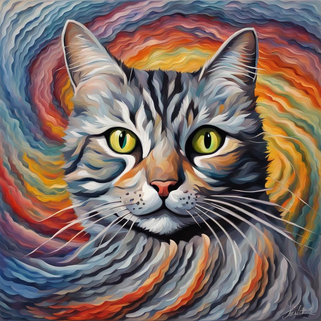 A grey tabby cat with swirling colours abstract vector fract...