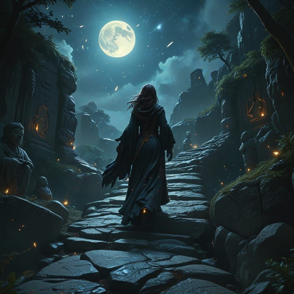 very vivid , a powerful sorceress walking with her back to us in the image ,  Ancient ruins deep in the jungle under a clear night sky fille...