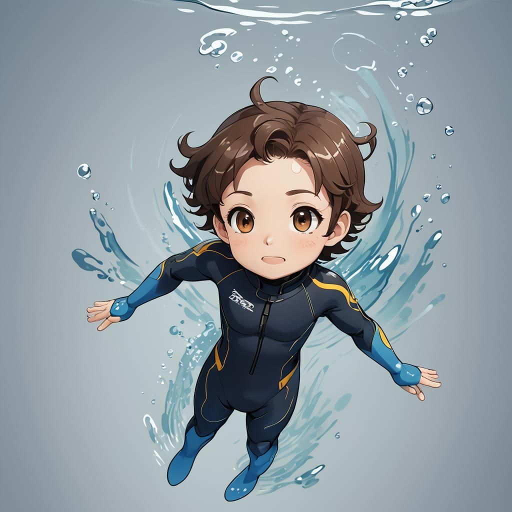 todler, semi-bald, brown hair brown eyes, wearing blue divin...