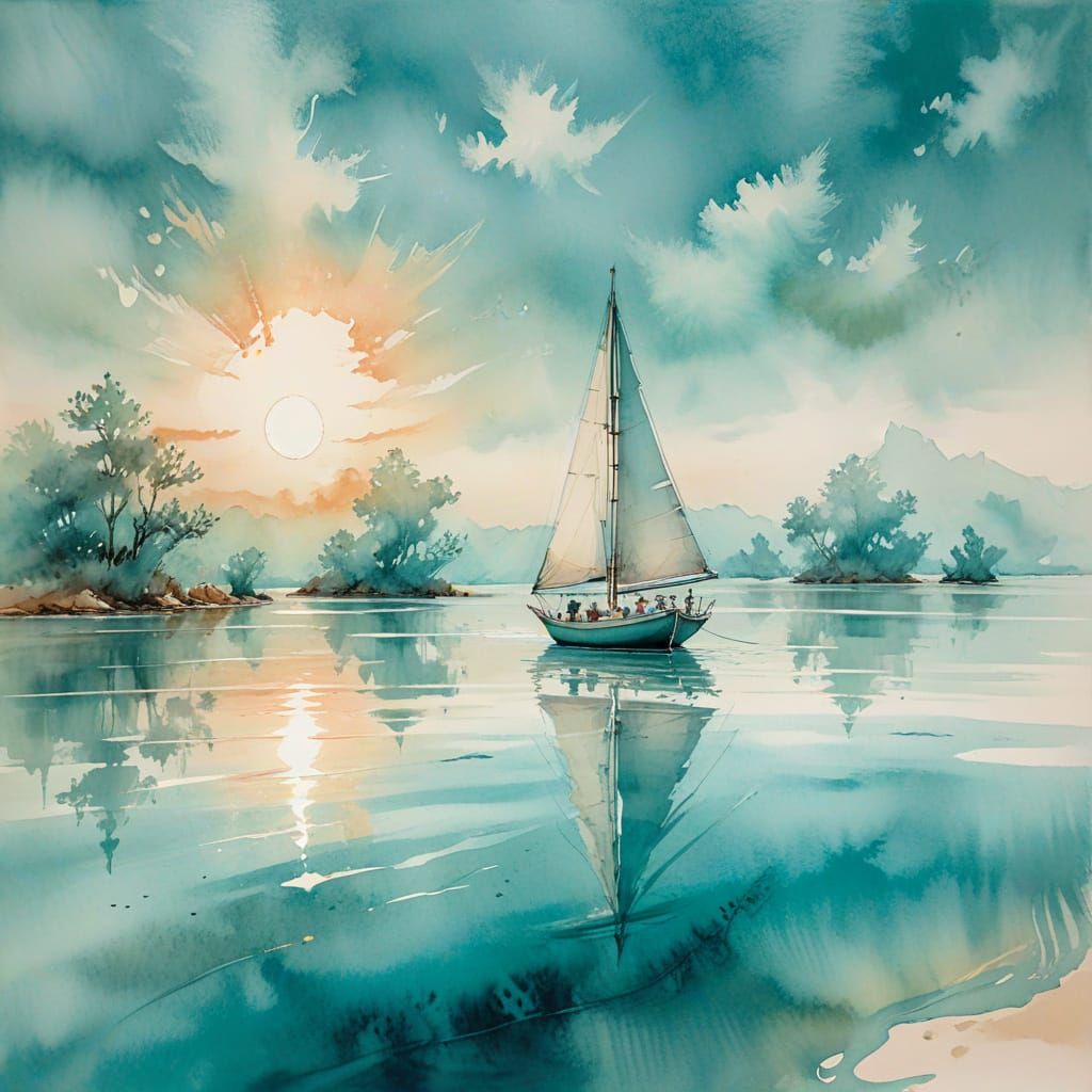 Creation Summary by Vincent 
Turquoise Sailboat at Coral Lagoon: Ink Wash
This image shows a turquoise sailboat drifting...