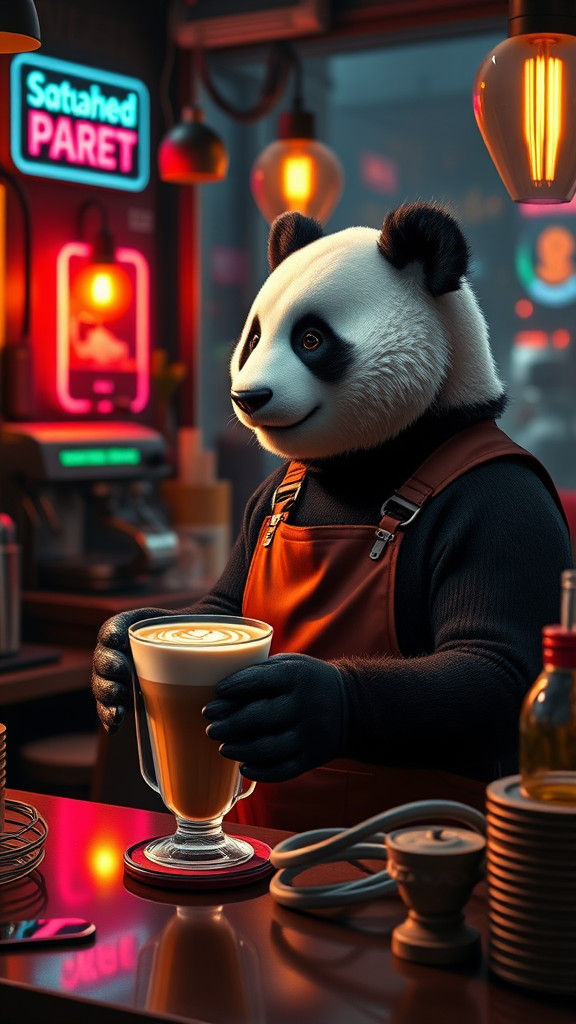"A charming anthropomorphic panda barista working in a cozy,...