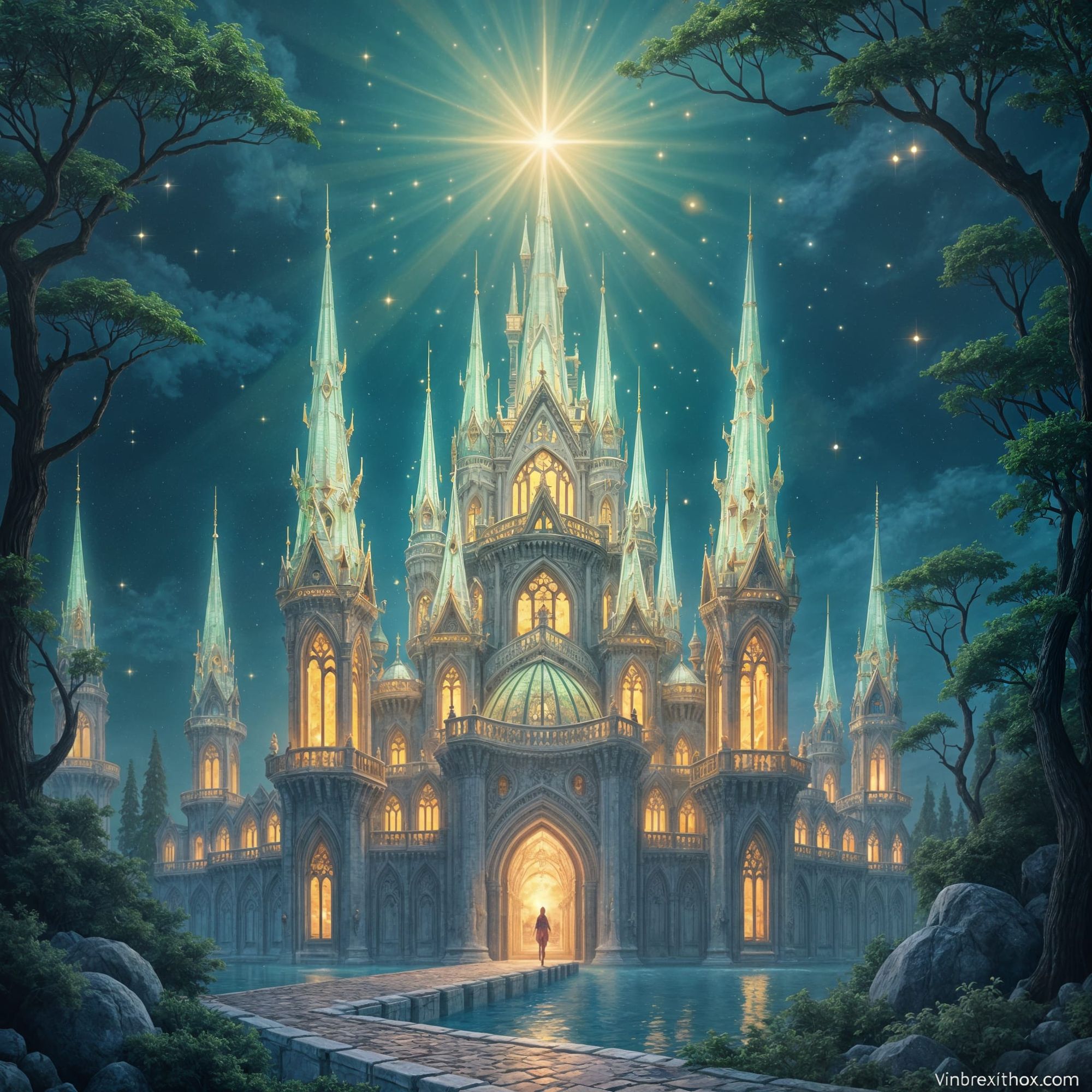 a fae-castle, radiant, holy, searing, beautiful, deadly, iridescent, emerald, opal, ruby, sapphire