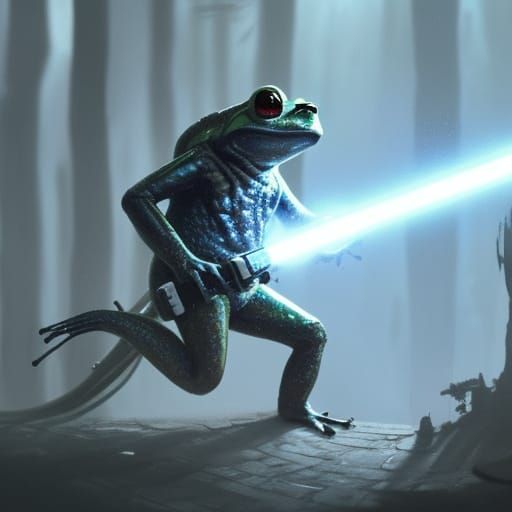 a frog running with a lightsaber - AI Generated Artwork - NightCafe Creator