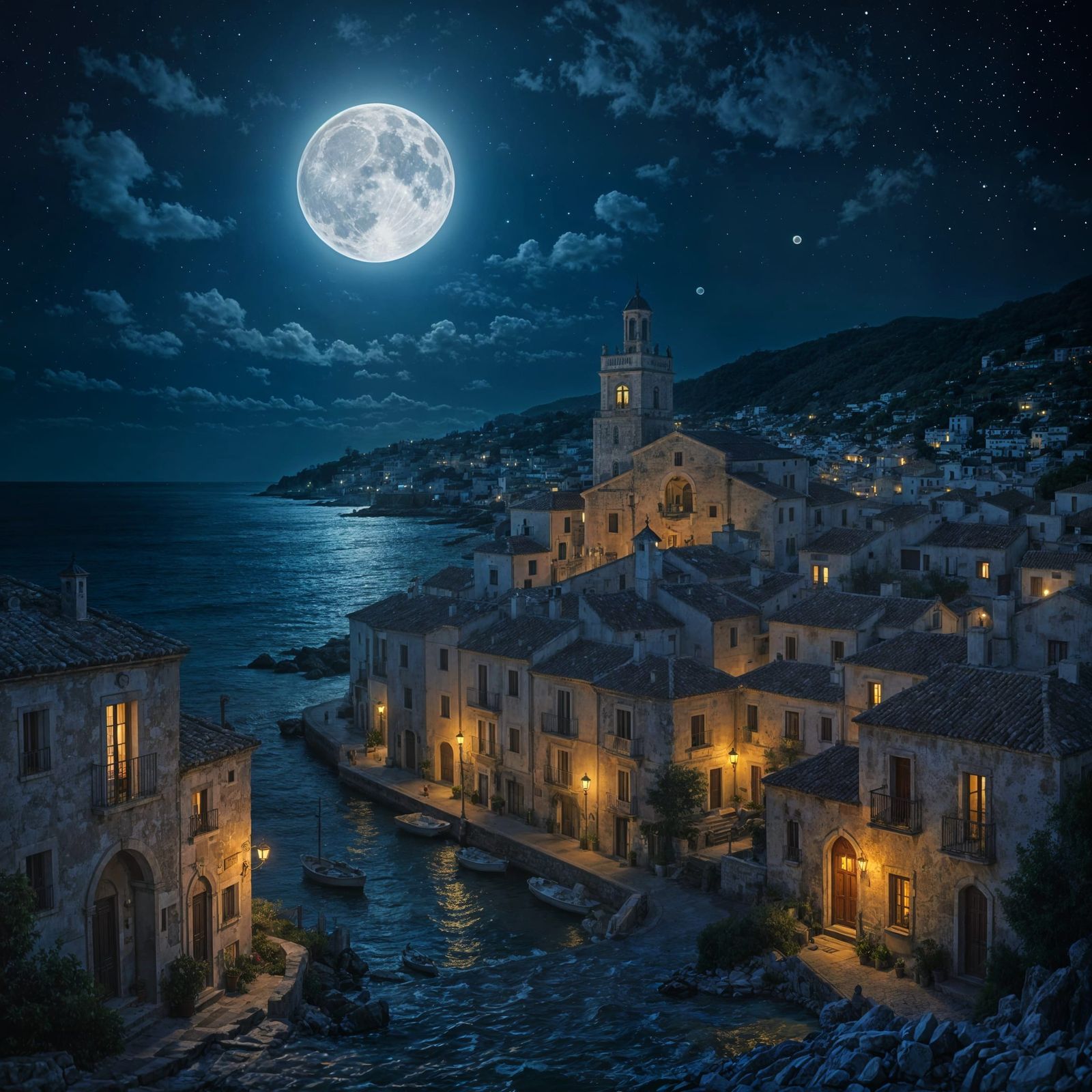 Spanish seaside village at night under a full moon