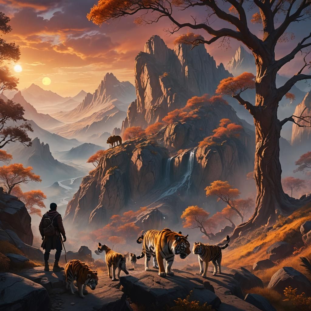 Man Climbs Mountain with Tigers in Fantasy Landscape