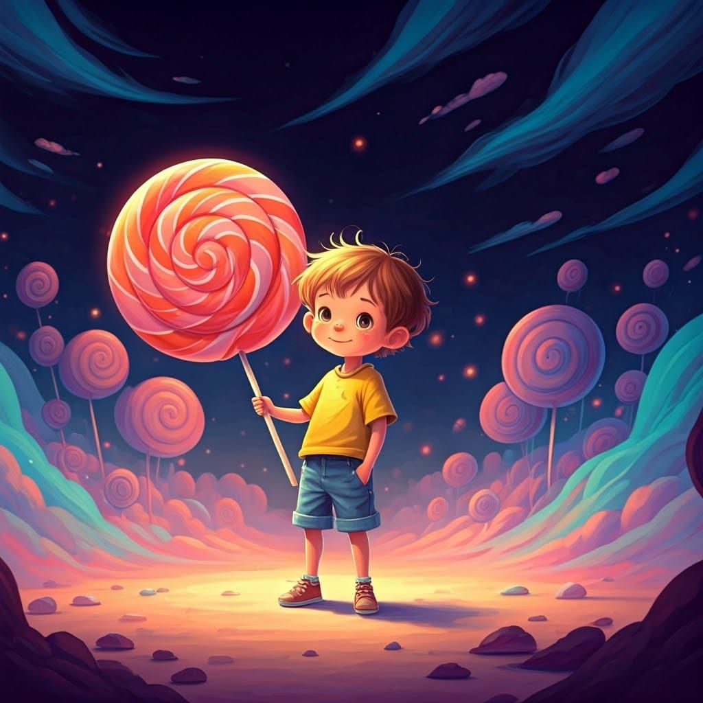 Boy with Gigantic Lollipop in Whimsical Style