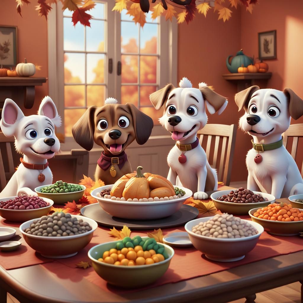 5 cute cartoon dogs sitting around a thanksgiving table with a turkey ...