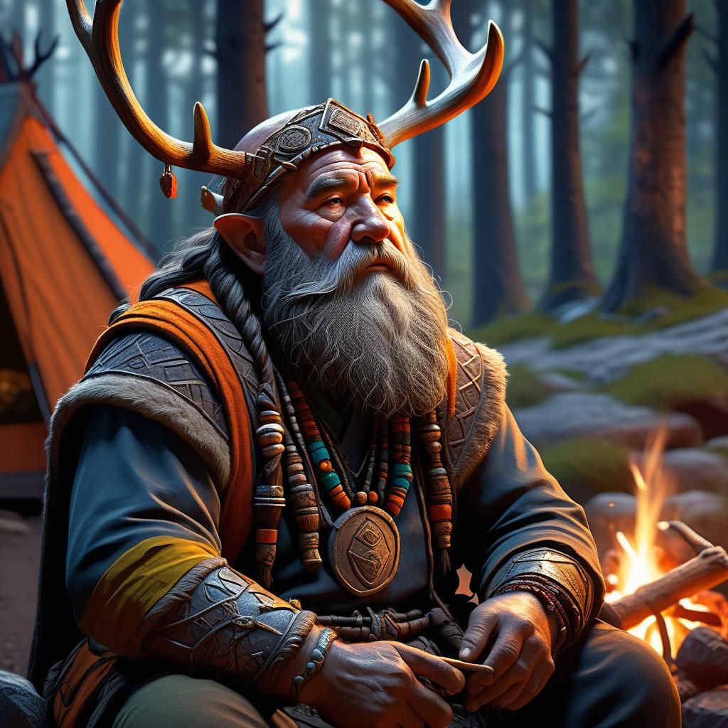 Dwarven medicine man with antlers. Sitting in a campsite