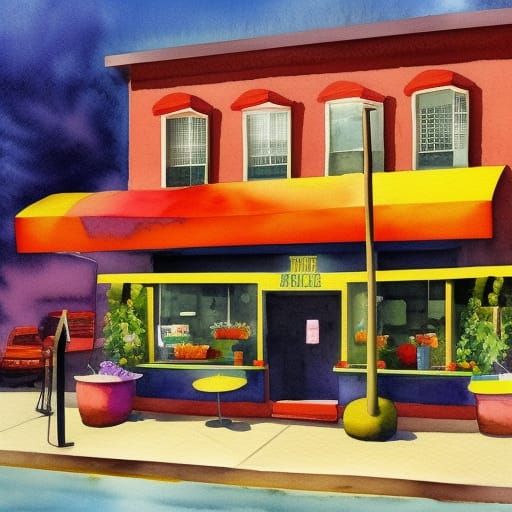 A watercolor painting of a coffee shop with surreal elements...