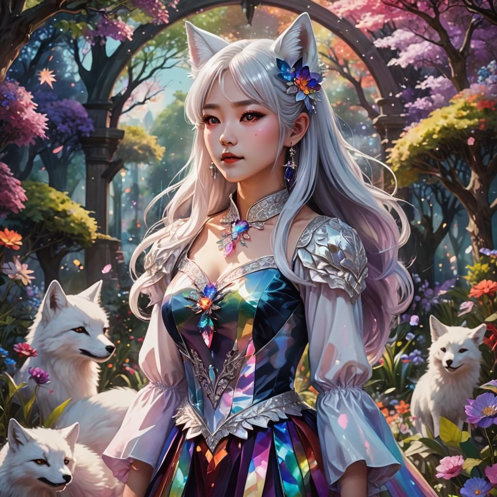 korean lady silver hair rainbow dress rainbow crystals white...