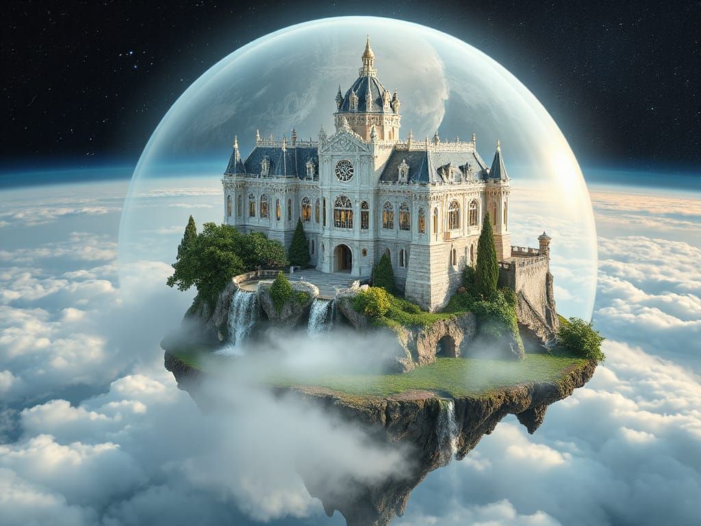 Top quality, masterpiece, a high-quality photo of Perched a top a floating island, nature scene that floats above the sea of clouds, A castl...