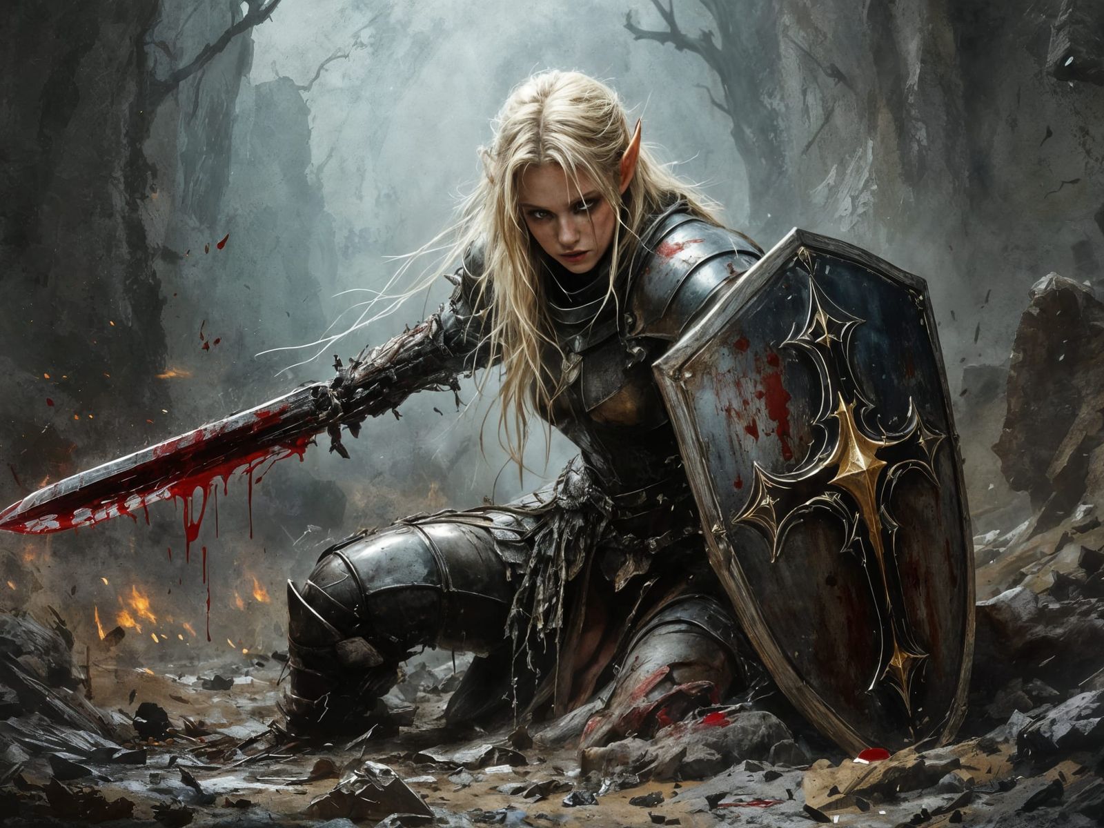 Elf Knight's Fierce Combat in Dramatic Tenebrism Style