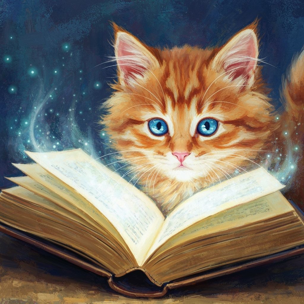 A kitten looking intently at an open book 