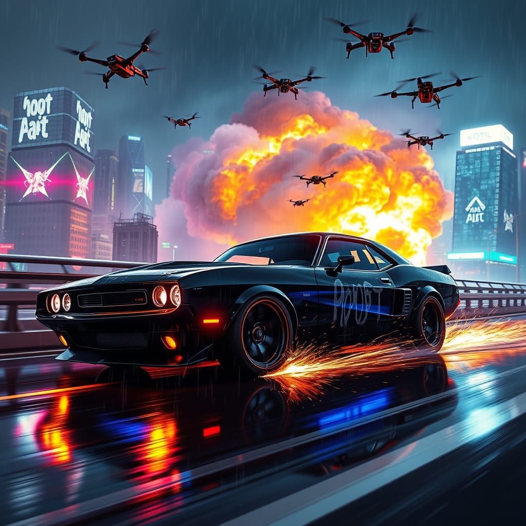 Futuristic Muscle Car Drifting in Cyberpunk Cityscape