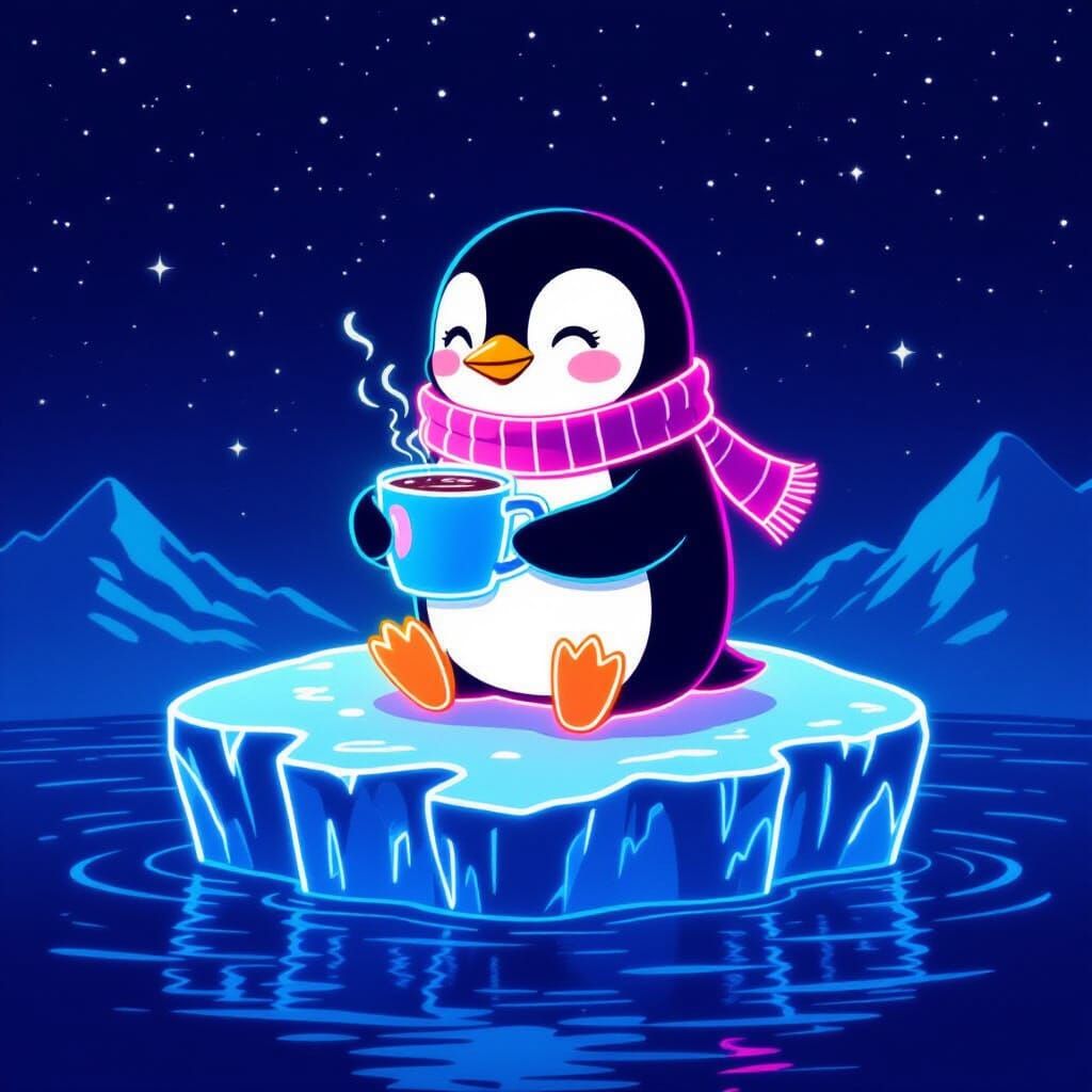 Neon Penguin Sips Hot Chocolate on Glowing Iceberg