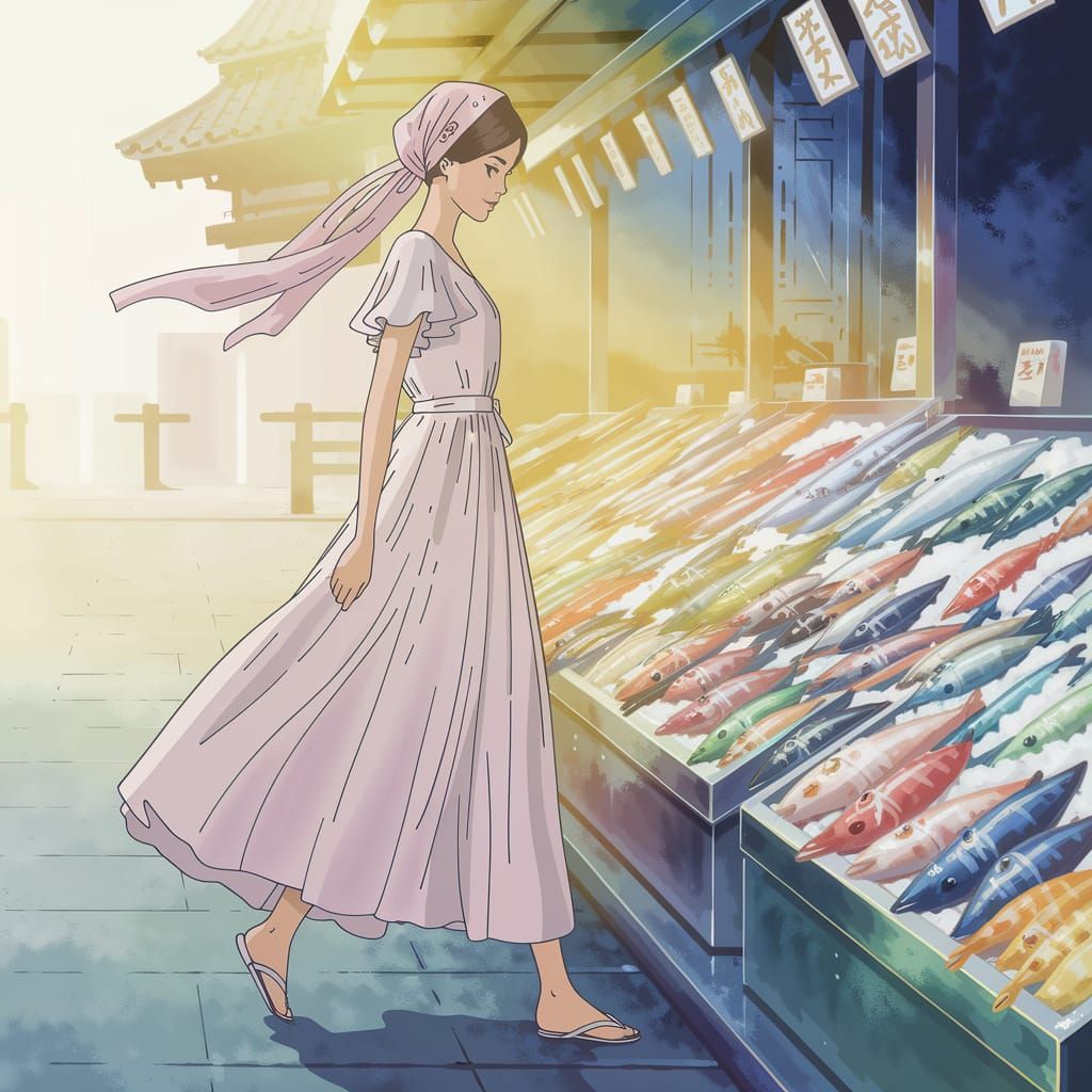 Woman in Flowing Dress Strolls Beside Vibrant Fish Market in...
