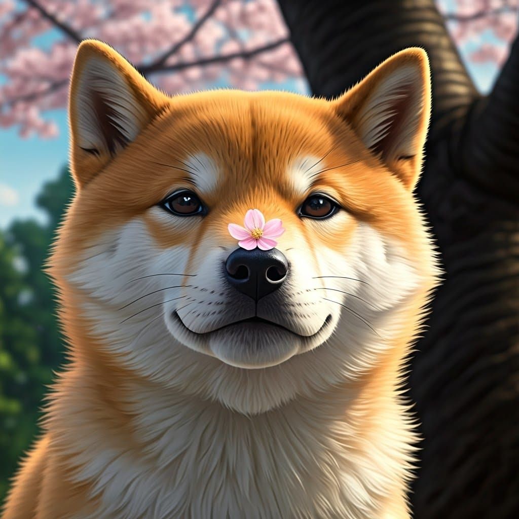 A cherry blossom sits on the nose of a Shibu Inu puppy. A Shibu Inu puppy sits under a cherry tree and looks cross eyed at a perfect cherry...