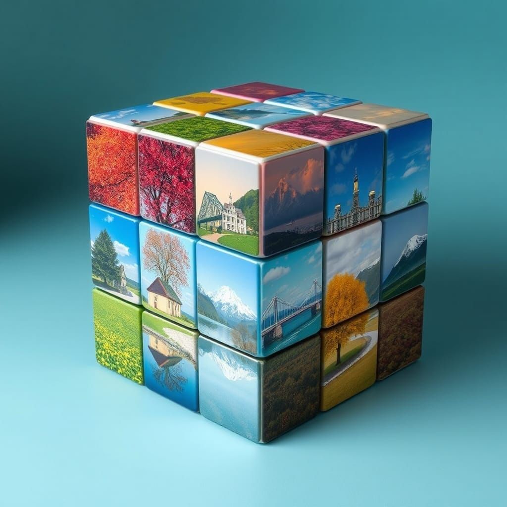 A surreal Rubik's cube that shows different scenes of differ...