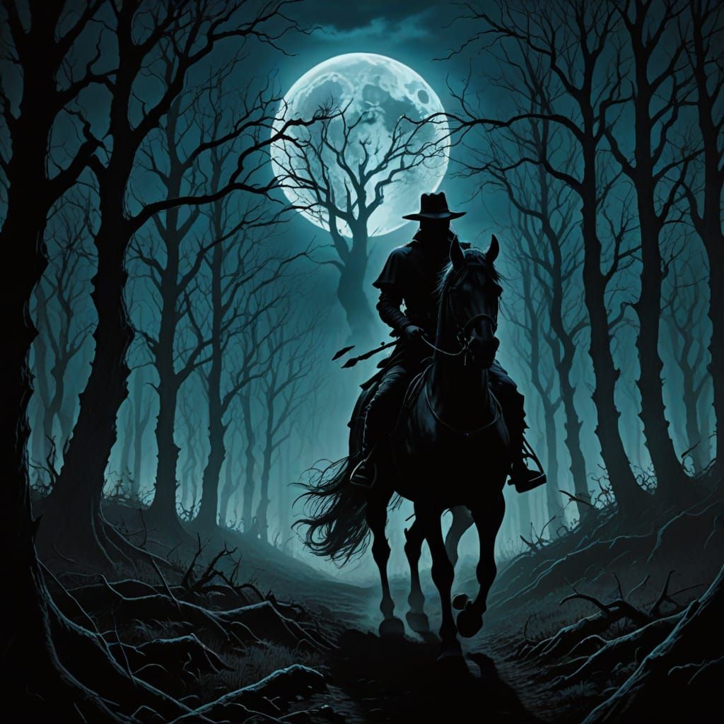 A ghostly rider on horseback gallops through a dark forest, silhouetted against a full moon. Lightning ...  by @Galaxy