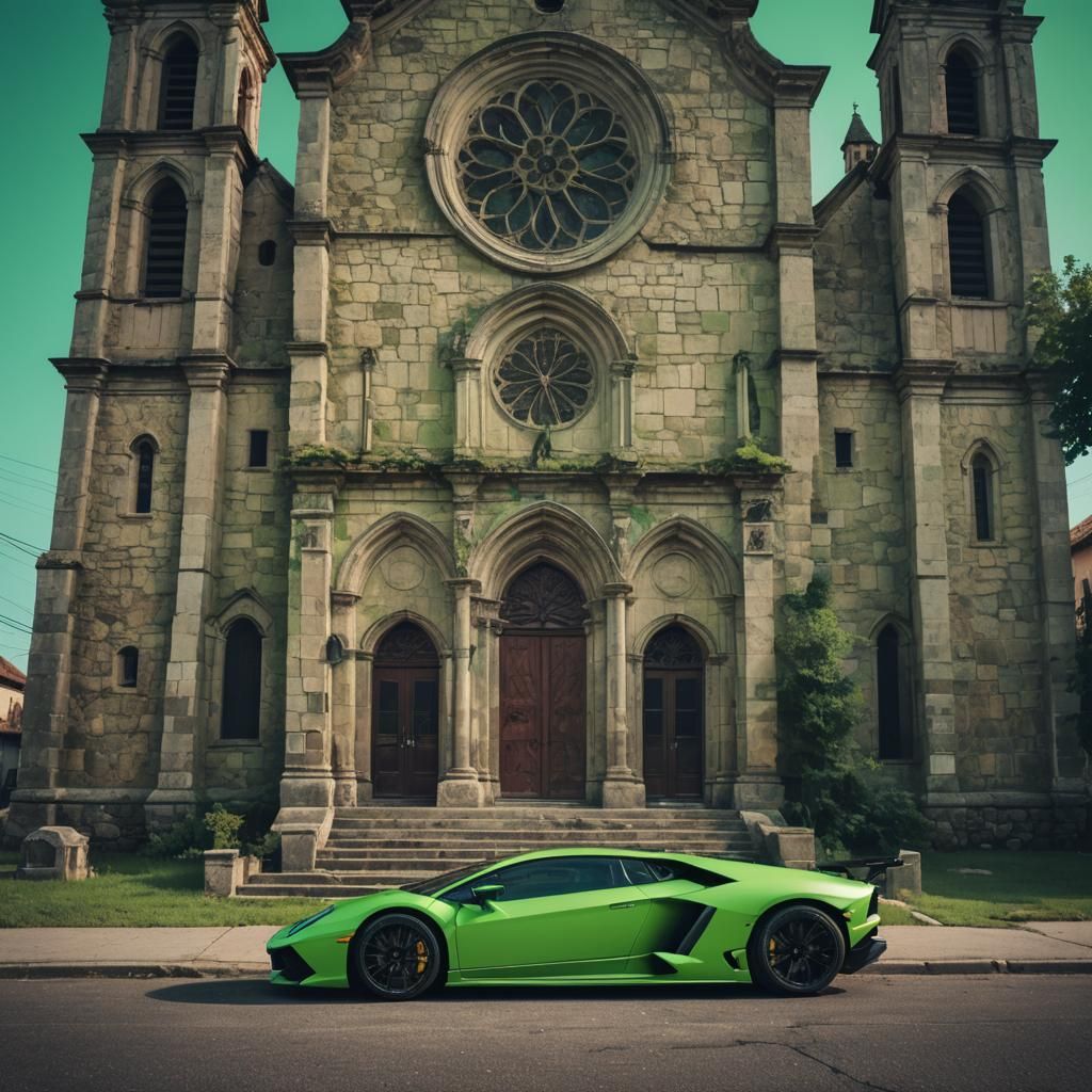 A neon green Lamborghini Revuelto parked in front of an old ...