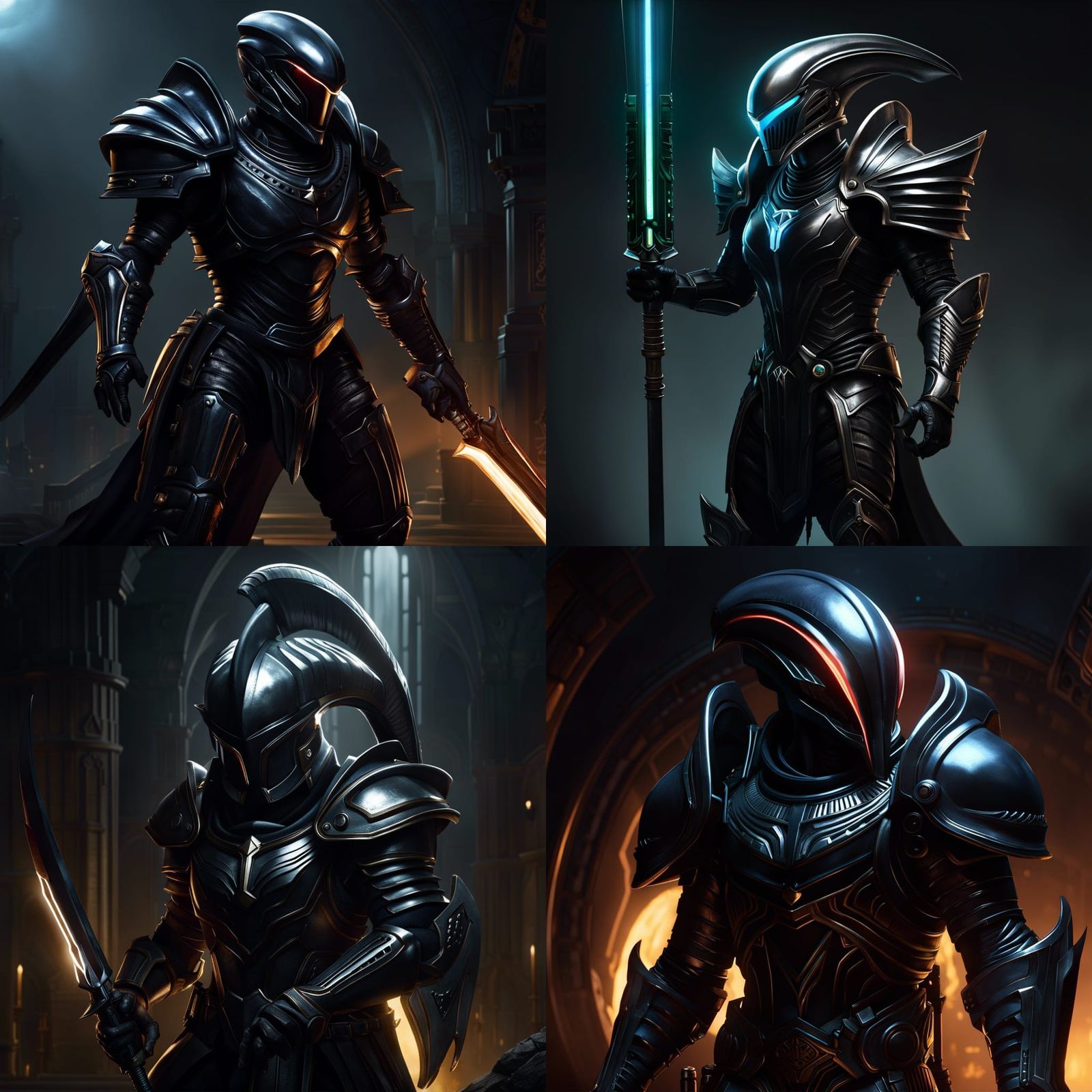 A full-body portrait of a xenomorph knight with a grille vis...