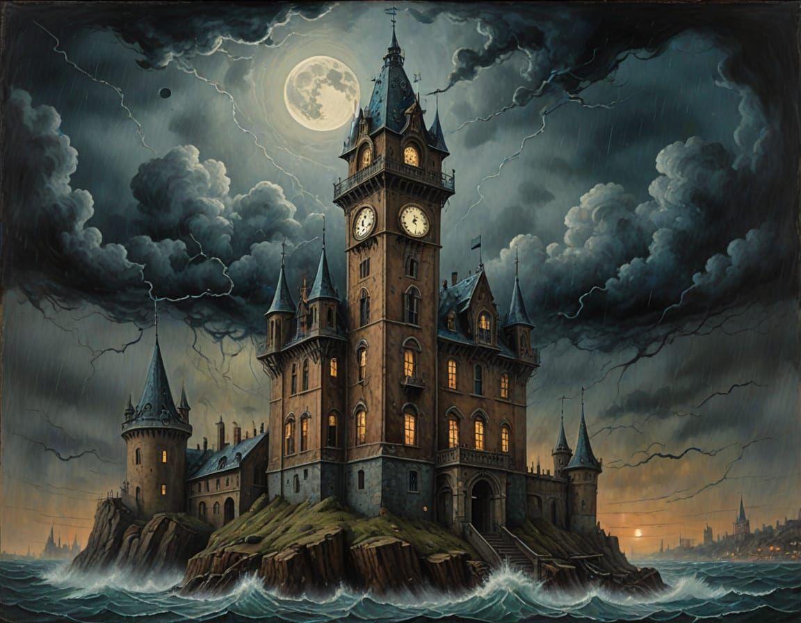 Surreal Gothic Clock Tower Silhouetted Against Tur... - AI Art