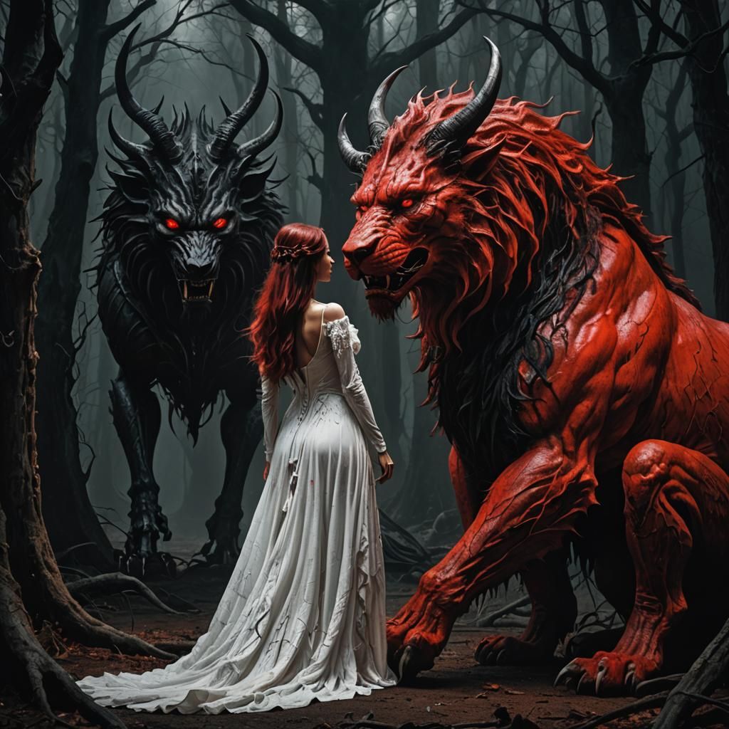 Girl with red lionlike Beast watched by black demon