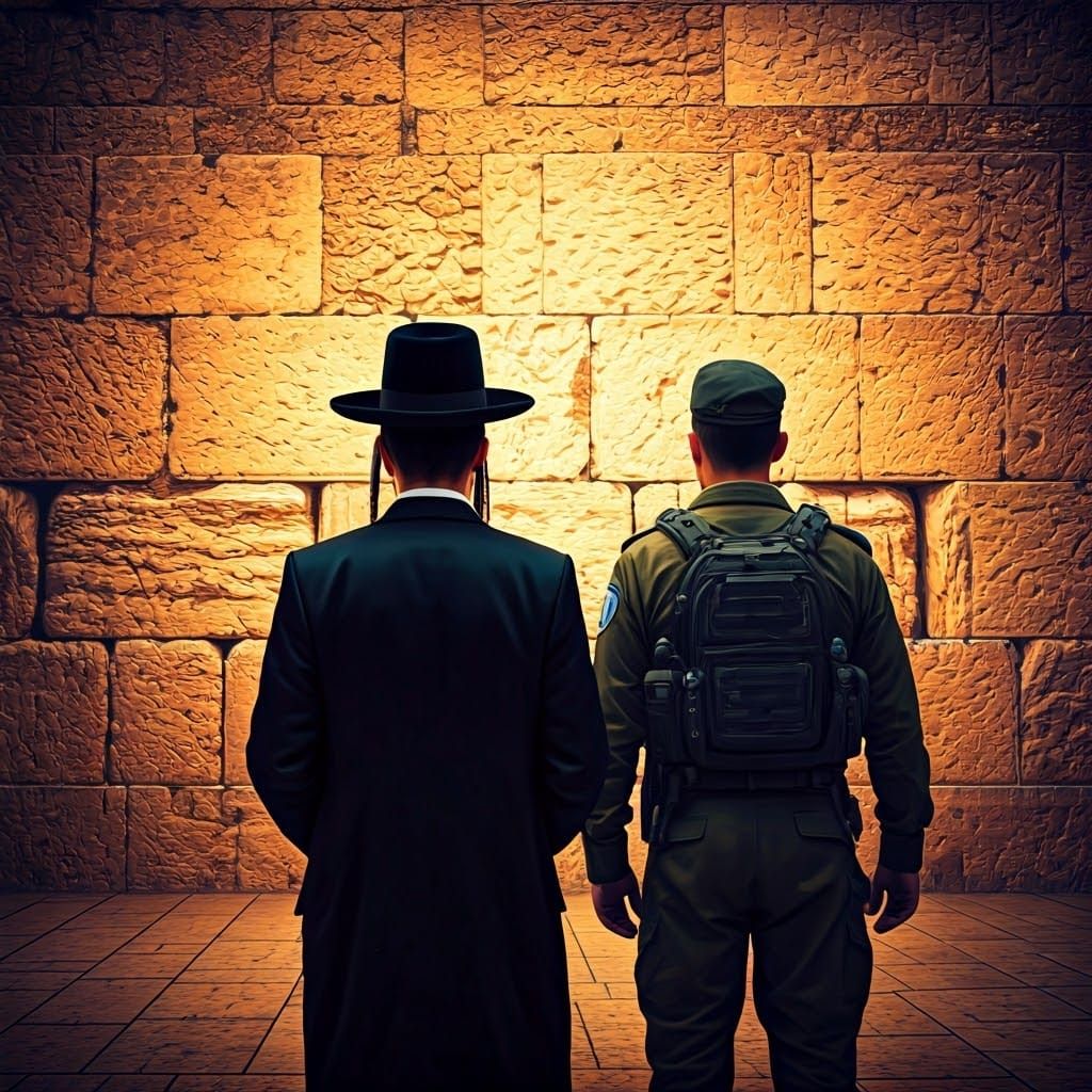 Devout Young Man and Israeli Soldier Silhouetted at the West...