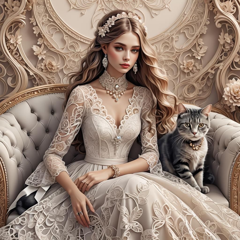 Delicate lace dress on a beautiful woman with ribbons in her...