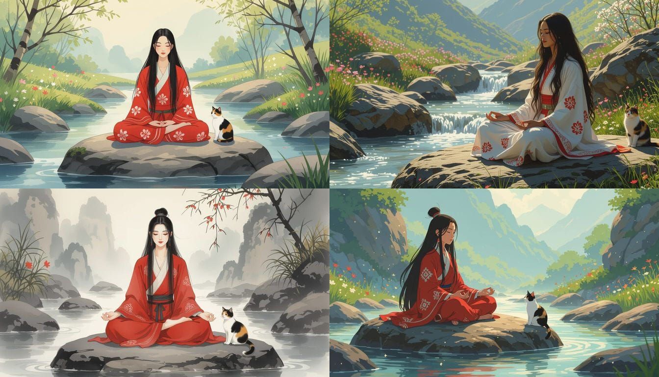 Tibetan Woman Meditating by Stream with Cat