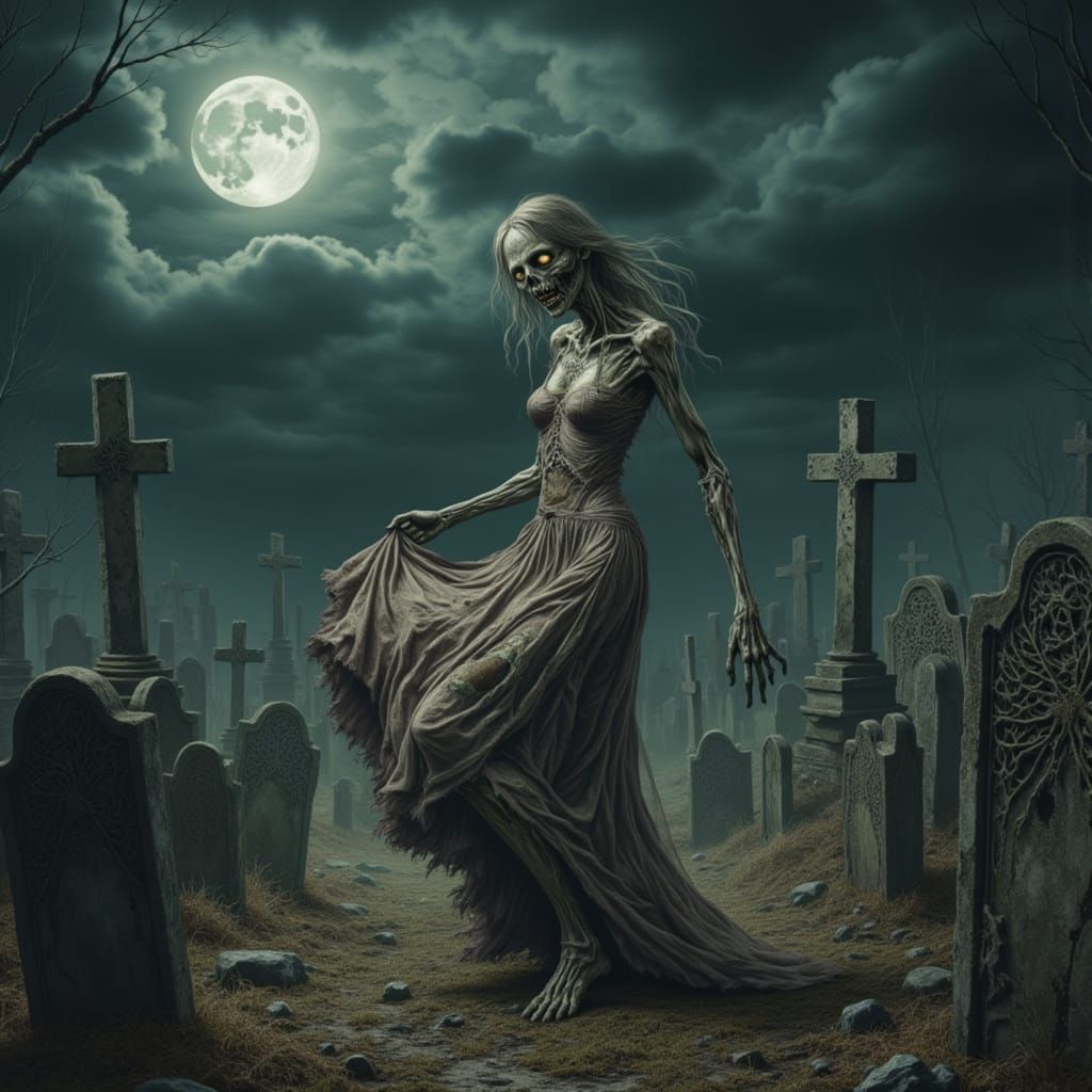 Female zombie in cemetery, dancing, twirling, evening gown. Full moon, dark sky.<lora:Zombies1:1.0>