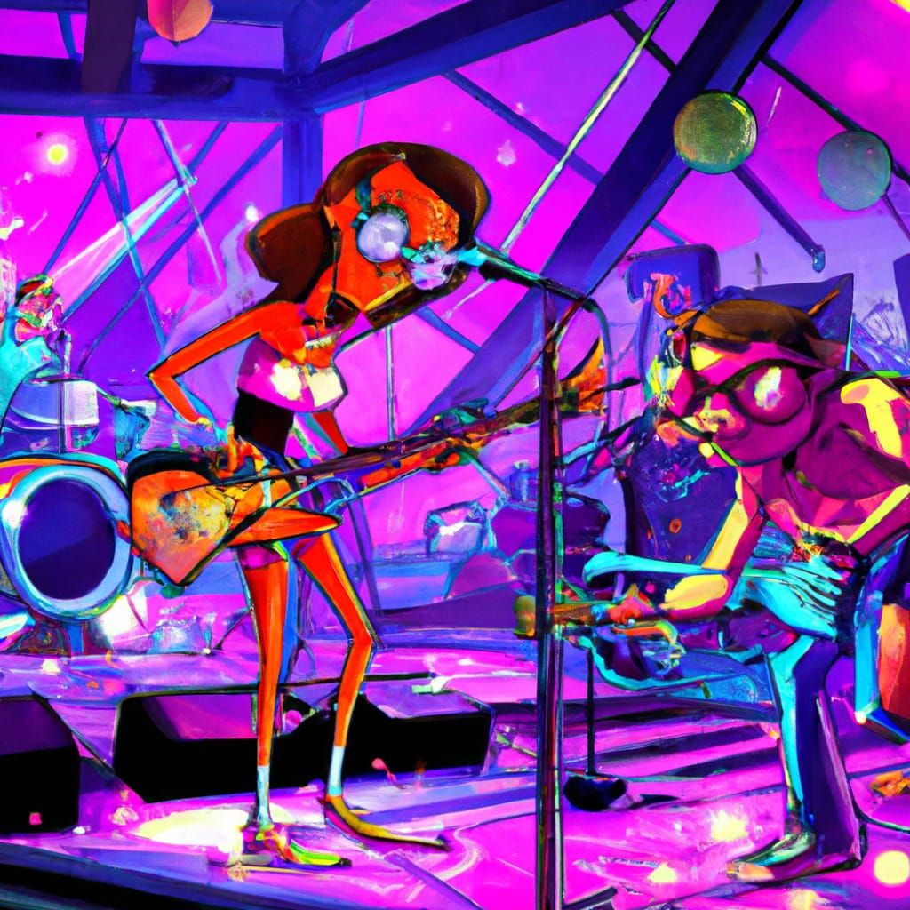 Stoned coed band performing  in a techno nightclub, intricat...