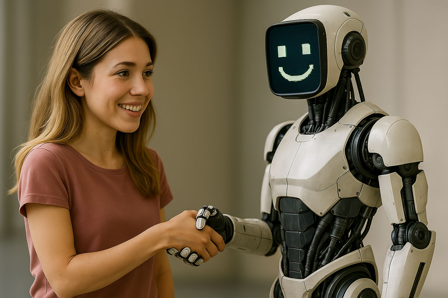 Jennette McGirly shakes a humanoid robots hand