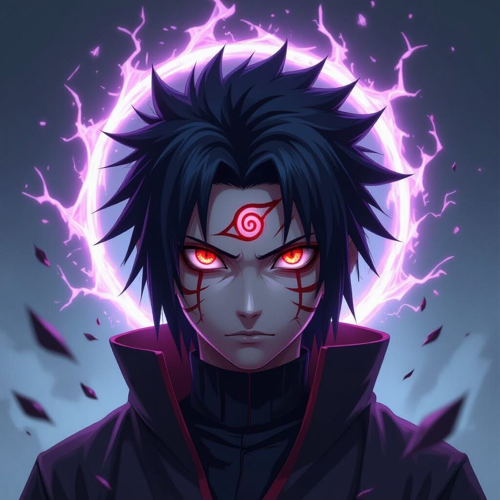 A Mangekyou Sharingan with a crimson iris, its tomoe shaped like interlocking shuriken and surrounded by crackling violet energy