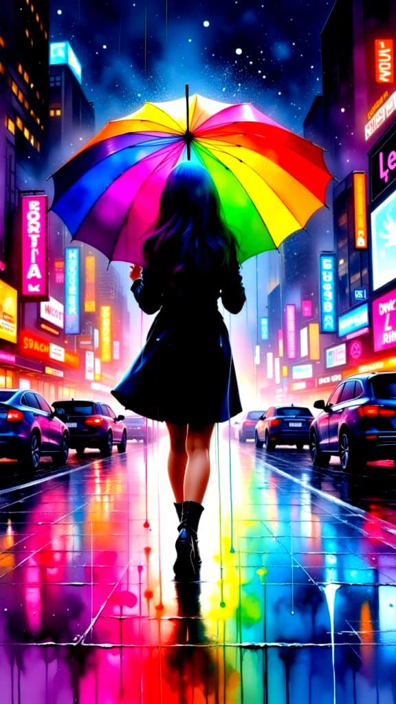 Woman with Rainbow Umbrella in Neon City