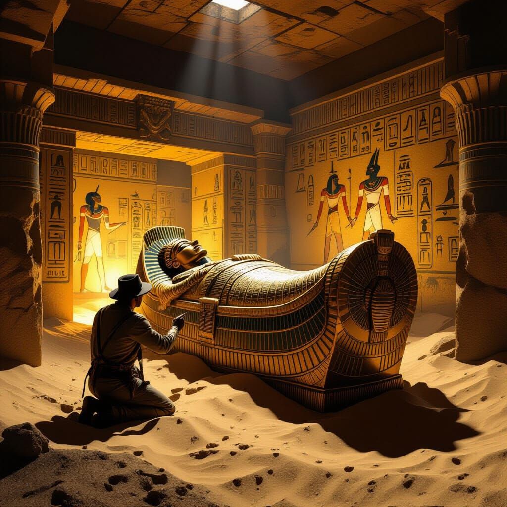 An archaeologist unearths a grand, gilded sarcophagus from the sandy depths of an ancient Egyptian tomb. ...  by @Andy Pilgrim