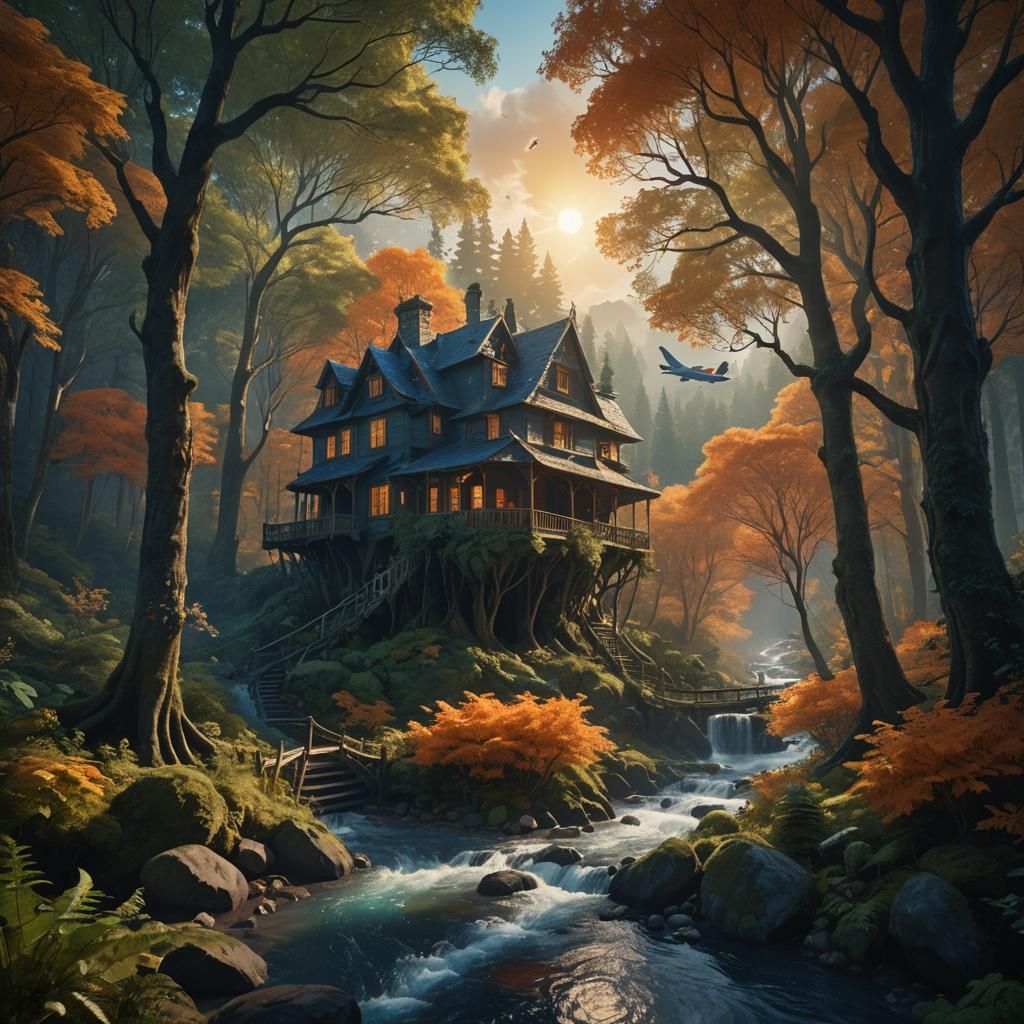 Fantasy Forest Landscape with House and Plane
