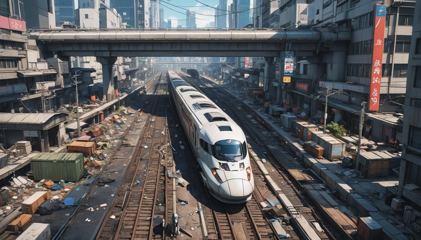 cyberpunk city, trash, modern bullet train, seen from ground