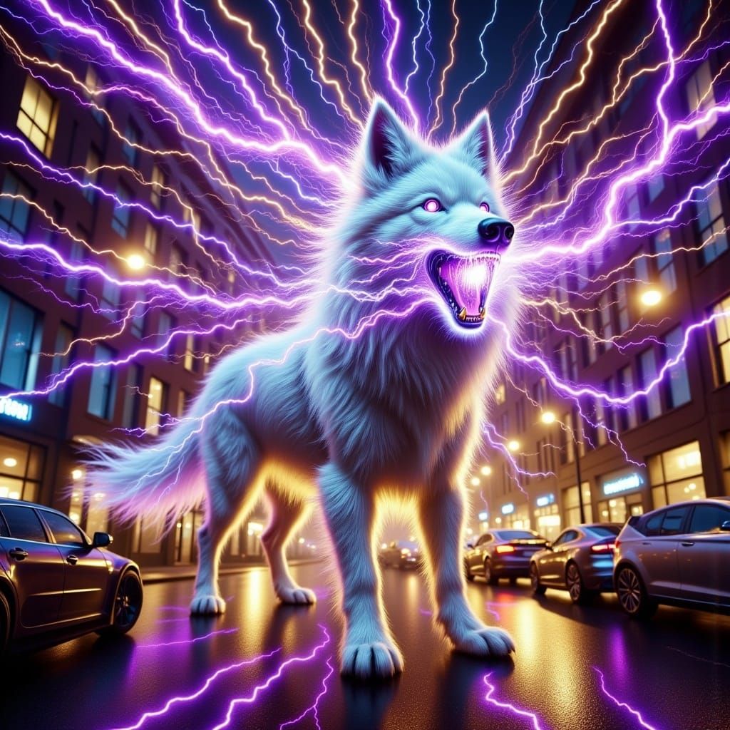 <lora:Electrifying:1.0>A powerful creature, a hybrid between dog and wolf with big deep electrifying eyes, and white electrifying hair inter...