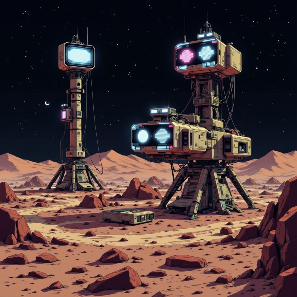 <lora:Future Obsolete:1.0> lunar base exterior in cassette futurism style, communication towers with blinking CRT panels, dusty surface, be...