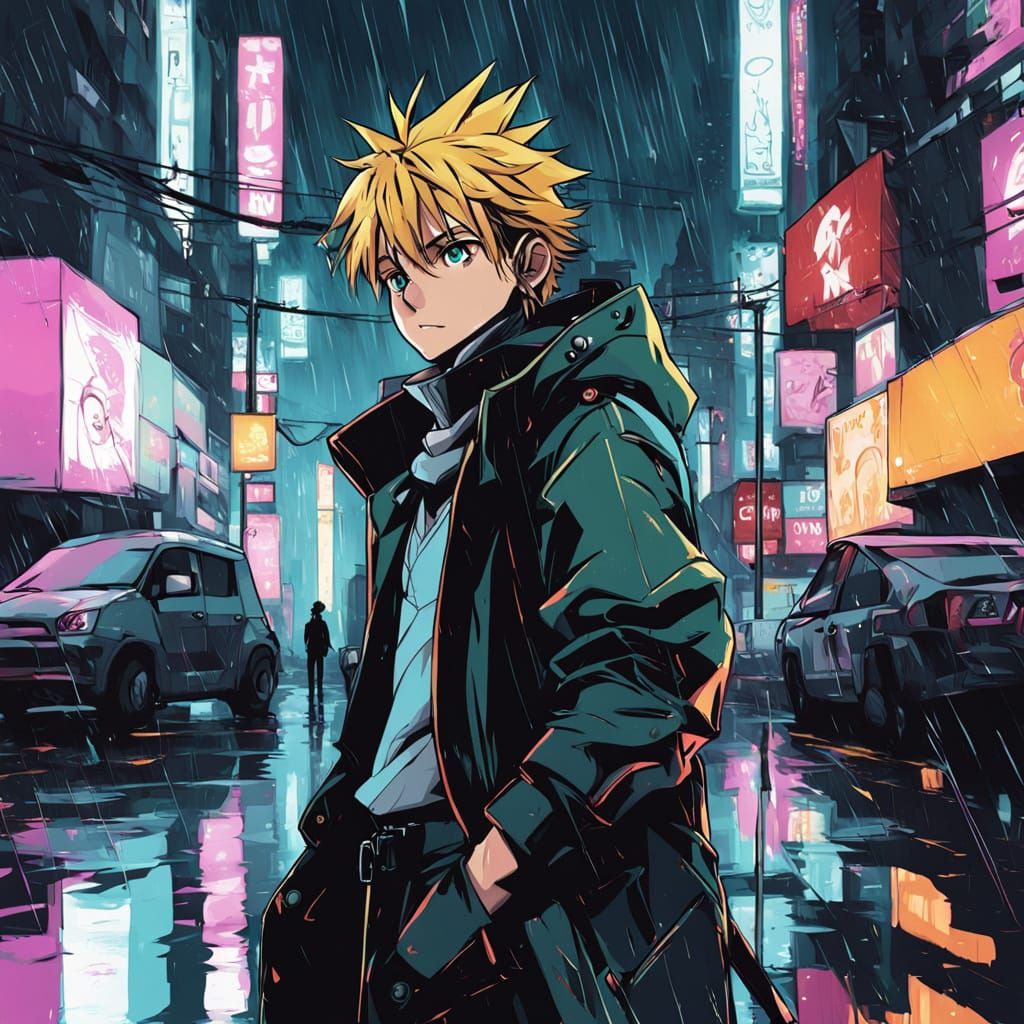 Anime style illustration of Meliodas from “The Seven Deadly Sins” lost in a neon-drenched cyberpunk city. He stands on a rainy street surrou...