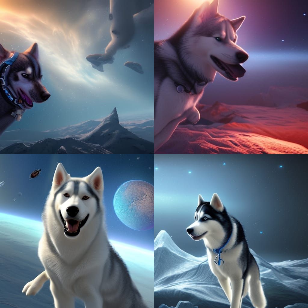 An Alaskan Husky dog in space.