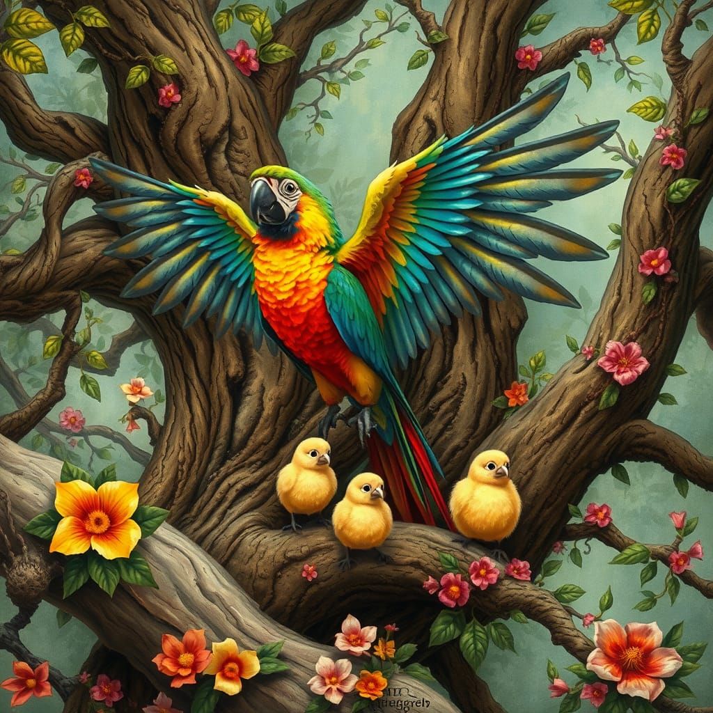 Parrot and chicks   by @JustForShow