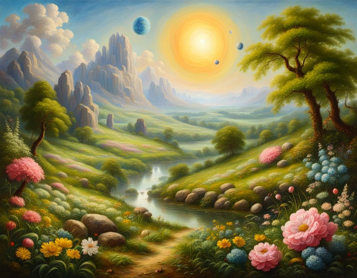 lush fantasy spring hyperdetailed meadow landscape sunny, with planets ...