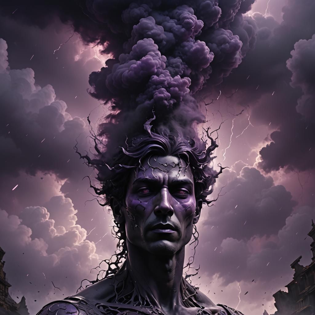 Man’s Head seamlessly merges with the purple clouds
