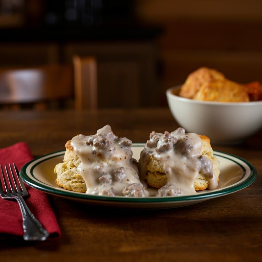 An exquisite plate of mouth watering sausage gravy over bisc...