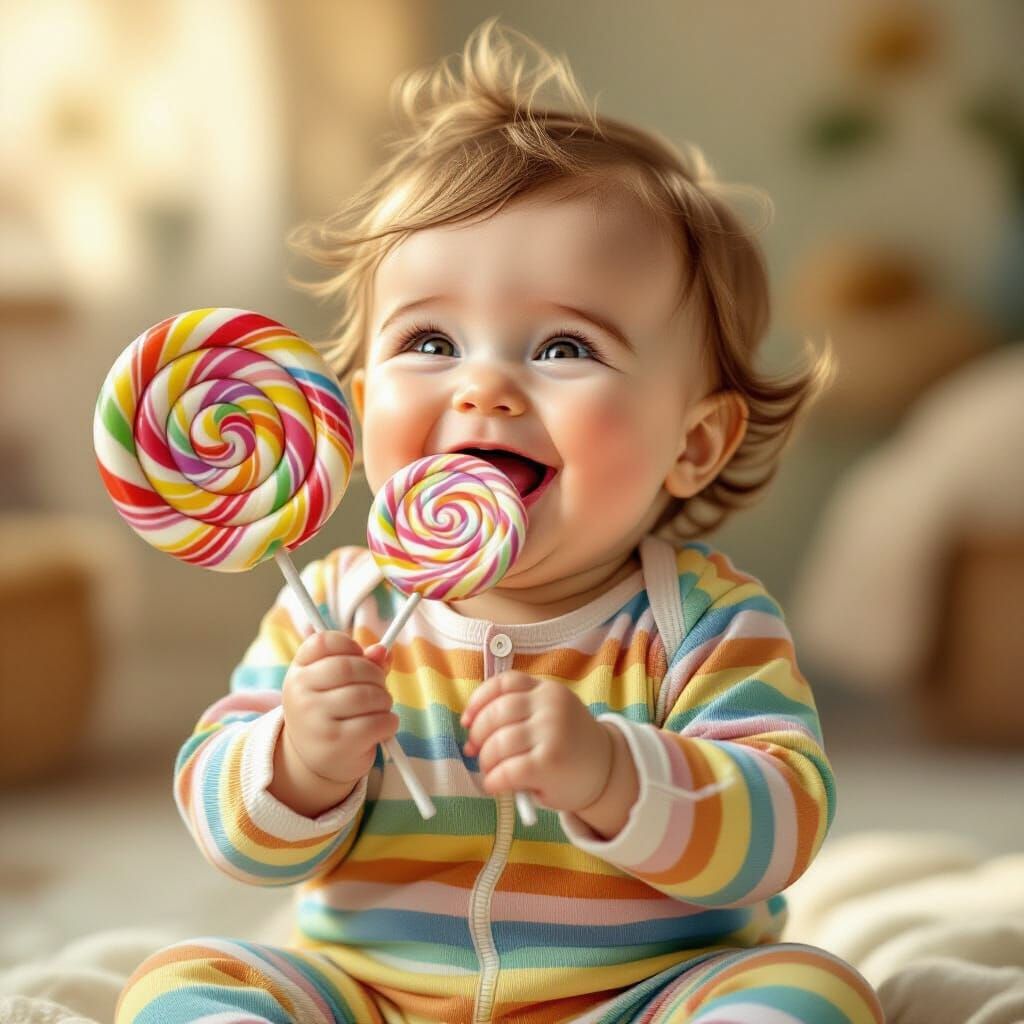 Mischievous Baby Giggle Holding Swirled Lollipop