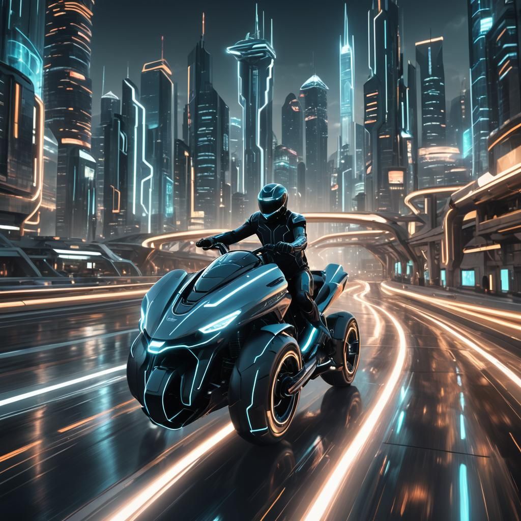 tron style light cycle, futuristic glass city skyline in the...