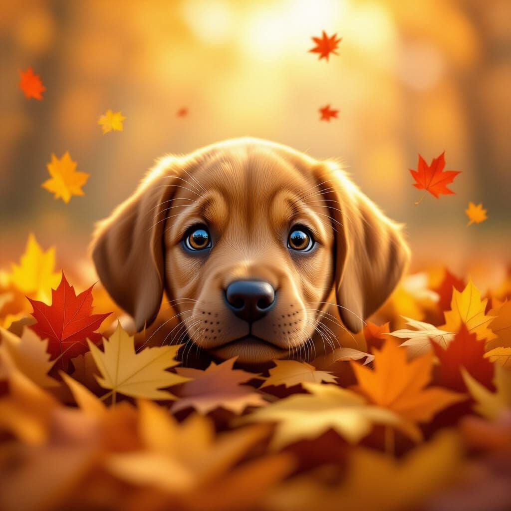 Hungarian Vizsla puppy's head peeks out from under a pile of autumn leaves Pixar, Disney, concept art, ...  by @Aczél Judit