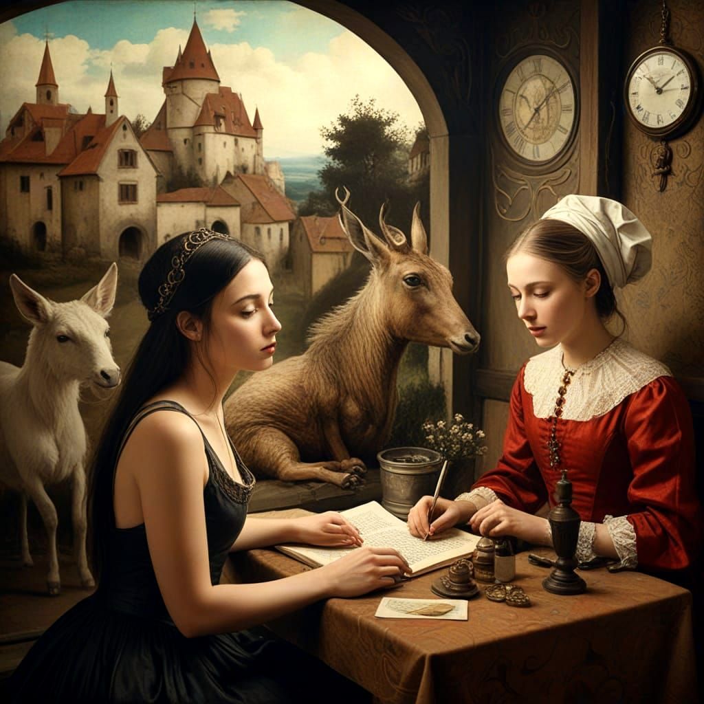 Medieval Lady with Fantastic Creatures in Surreal Style